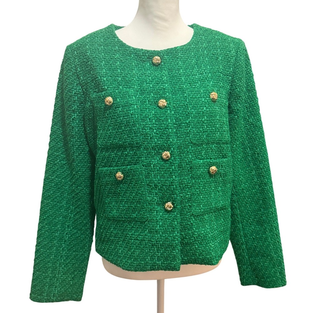 Rachel Zoe Emerald Green Tweed Jacket L Preppy Chic Boucle Blazer Old Money